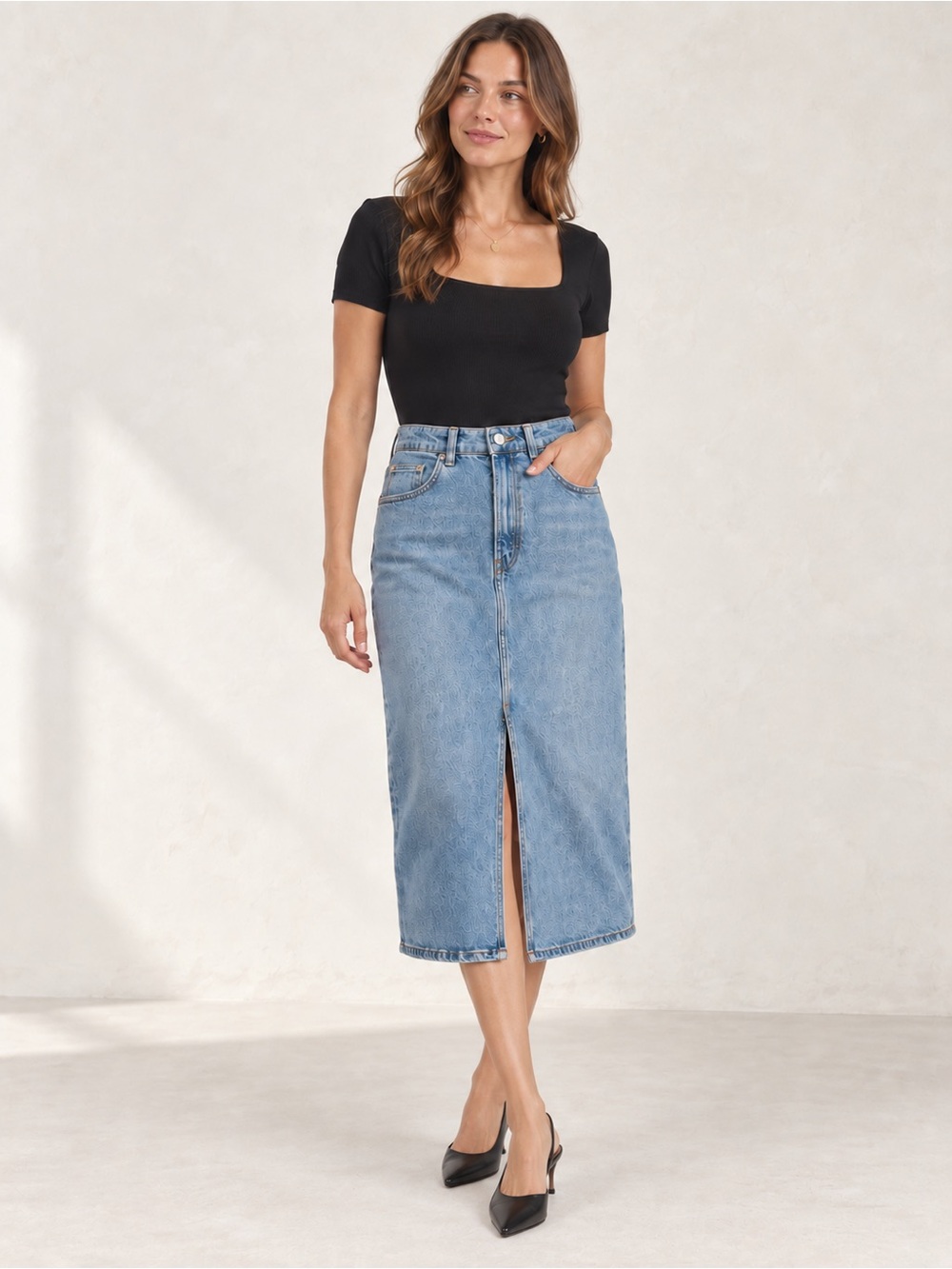 Zara Denim Midi Skirt with Front Slit M
